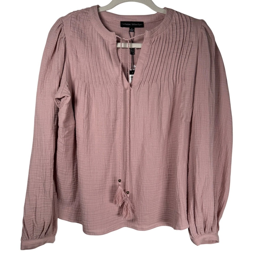 Catherine Malandrino NWT Organic Cotton Gauze‎ Blouse Mauve Pleated Tassel S